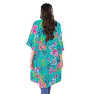 Teal Aloha Tropical Pattern Print Open Front Beach Cover Up