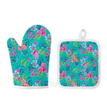 Teal Aloha Tropical Pattern Print Oven Mitt And Pot Holder Set