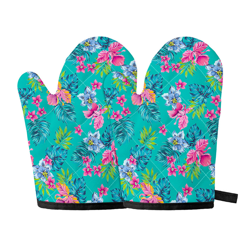 Teal Aloha Tropical Pattern Print Oven Mitts