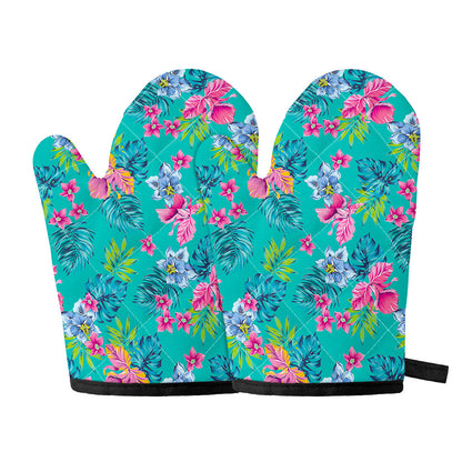 Teal Aloha Tropical Pattern Print Oven Mitts