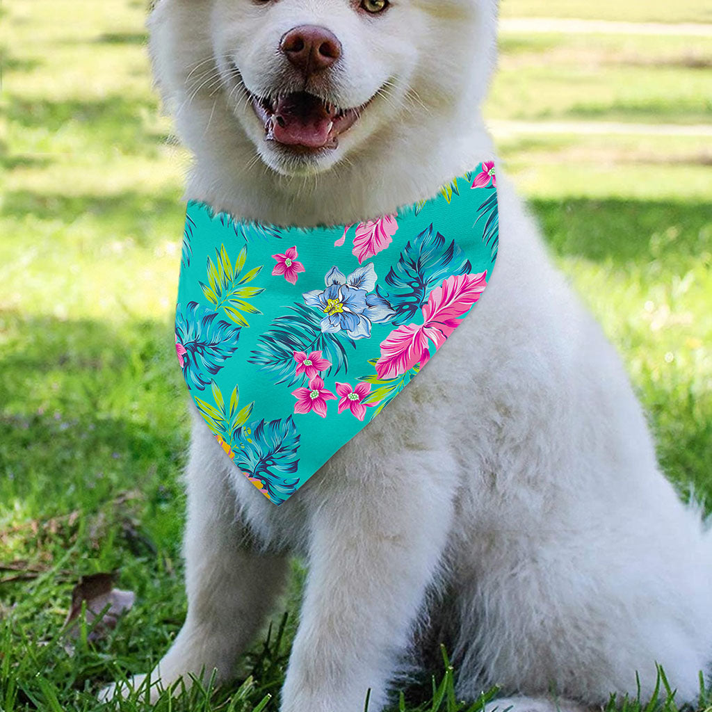 Teal Aloha Tropical Pattern Print Over The Collar Dog Bandana