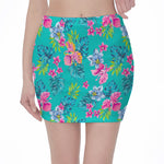 Teal Aloha Tropical Pattern Print Pencil Mini Skirt