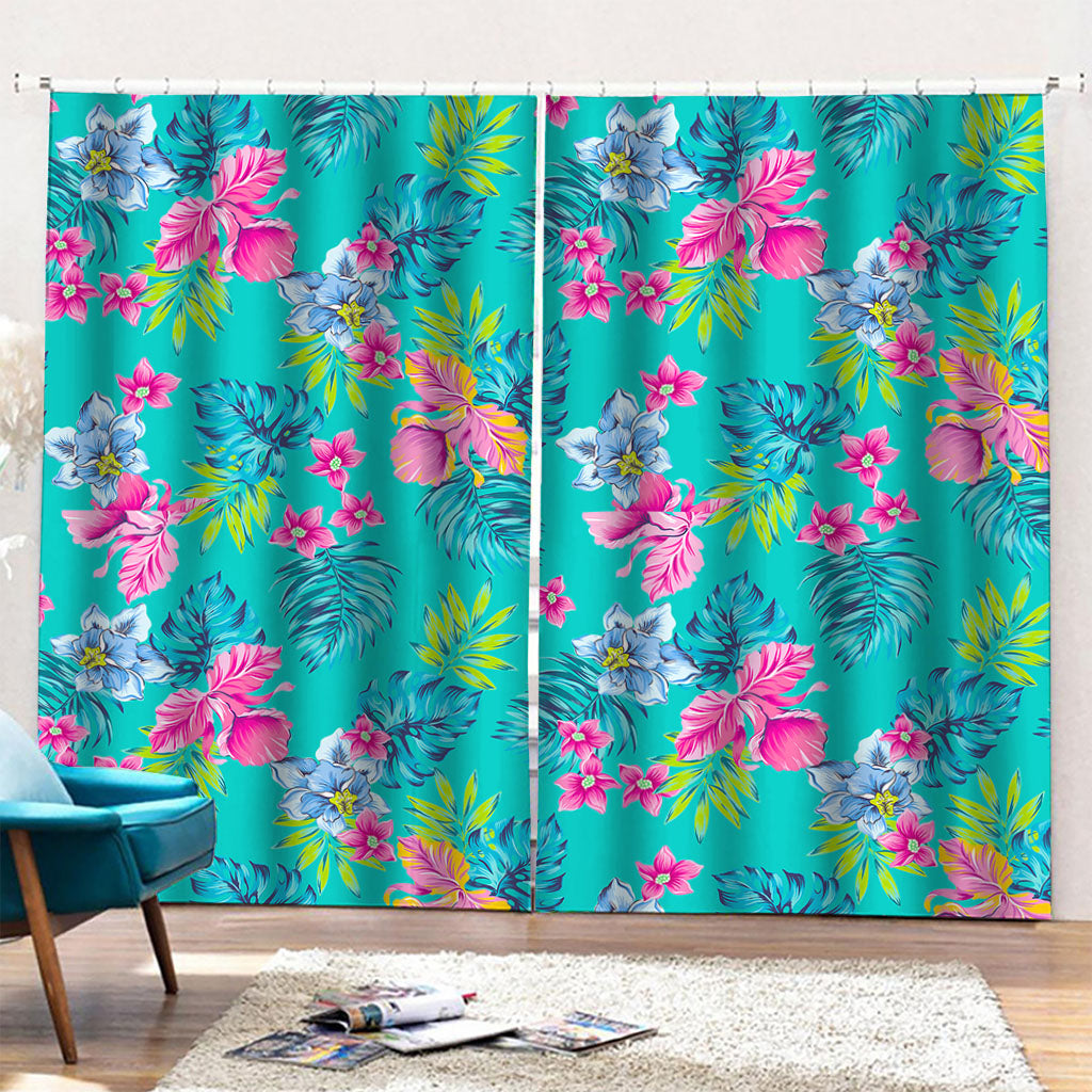 Teal Aloha Tropical Pattern Print Pencil Pleat Curtains