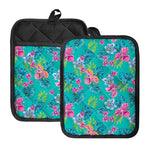 Teal Aloha Tropical Pattern Print Pot Holders With Pocket