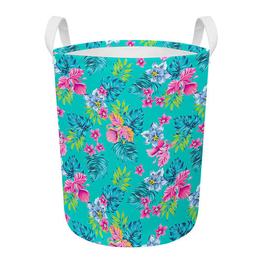Teal Aloha Tropical Pattern Print Round Laundry Basket