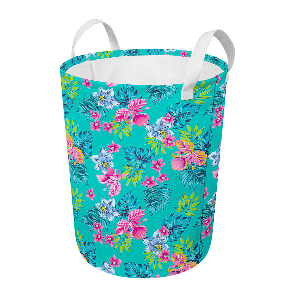 Teal Aloha Tropical Pattern Print Round Laundry Basket