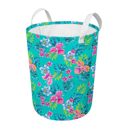 Teal Aloha Tropical Pattern Print Round Laundry Basket