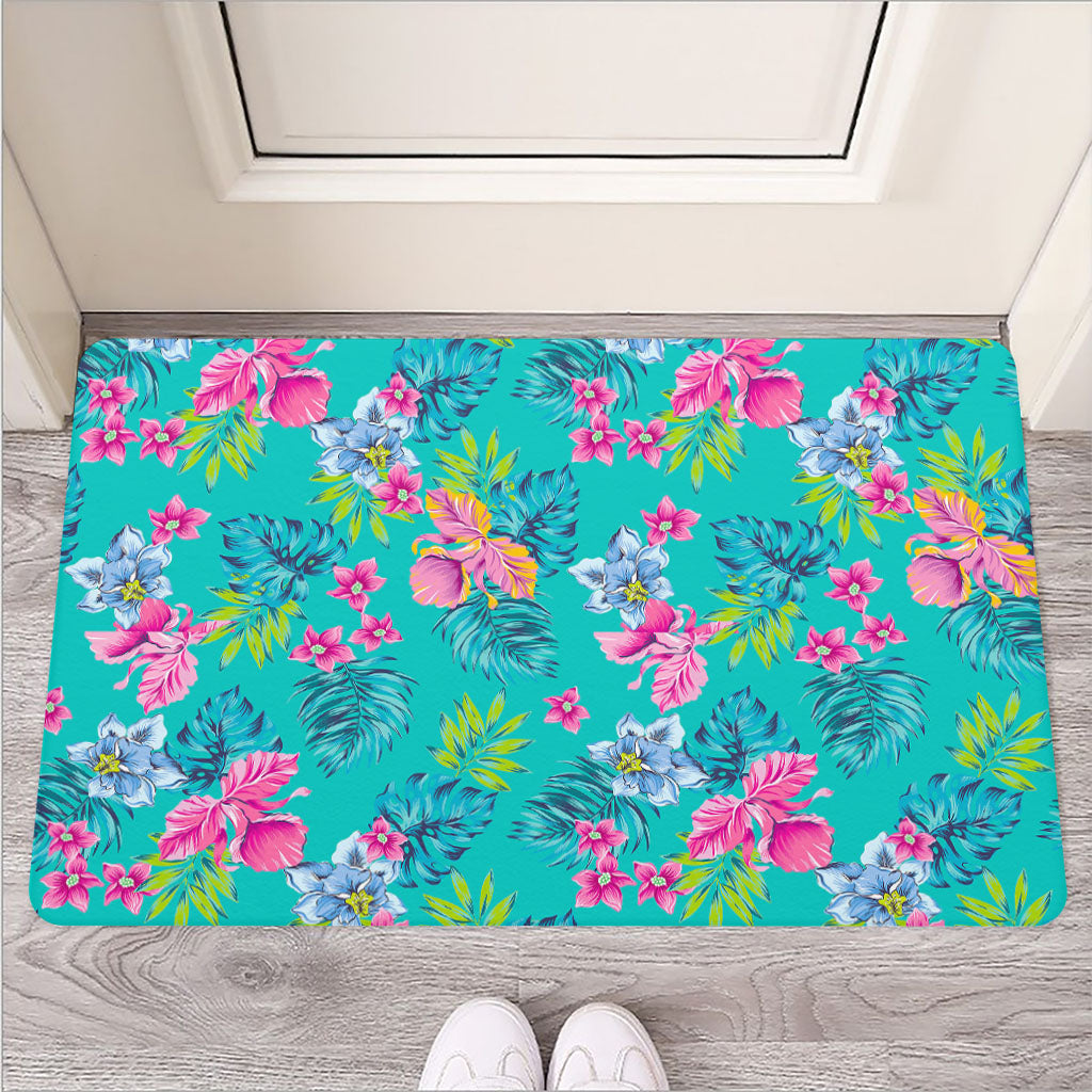 Teal Aloha Tropical Pattern Print Rubber Doormat