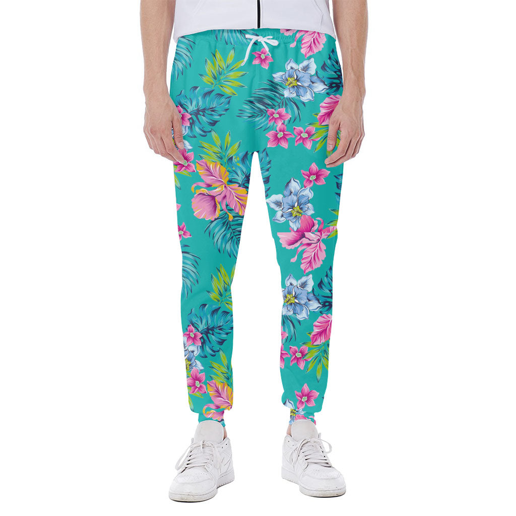 Teal Aloha Tropical Pattern Print Scuba Joggers
