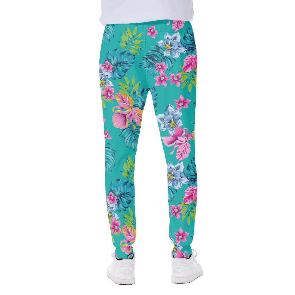 Teal Aloha Tropical Pattern Print Scuba Joggers