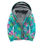 Teal Aloha Tropical Pattern Print Sherpa Lined Zip Up Hoodie