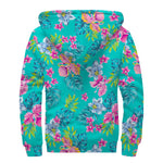 Teal Aloha Tropical Pattern Print Sherpa Lined Zip Up Hoodie