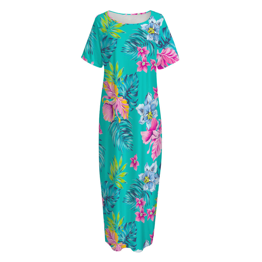 Teal Aloha Tropical Pattern Print Short Sleeve Long Nightdress