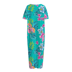 Teal Aloha Tropical Pattern Print Short Sleeve Long Nightdress