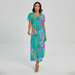 Teal Aloha Tropical Pattern Print Short Sleeve Maxi Dress