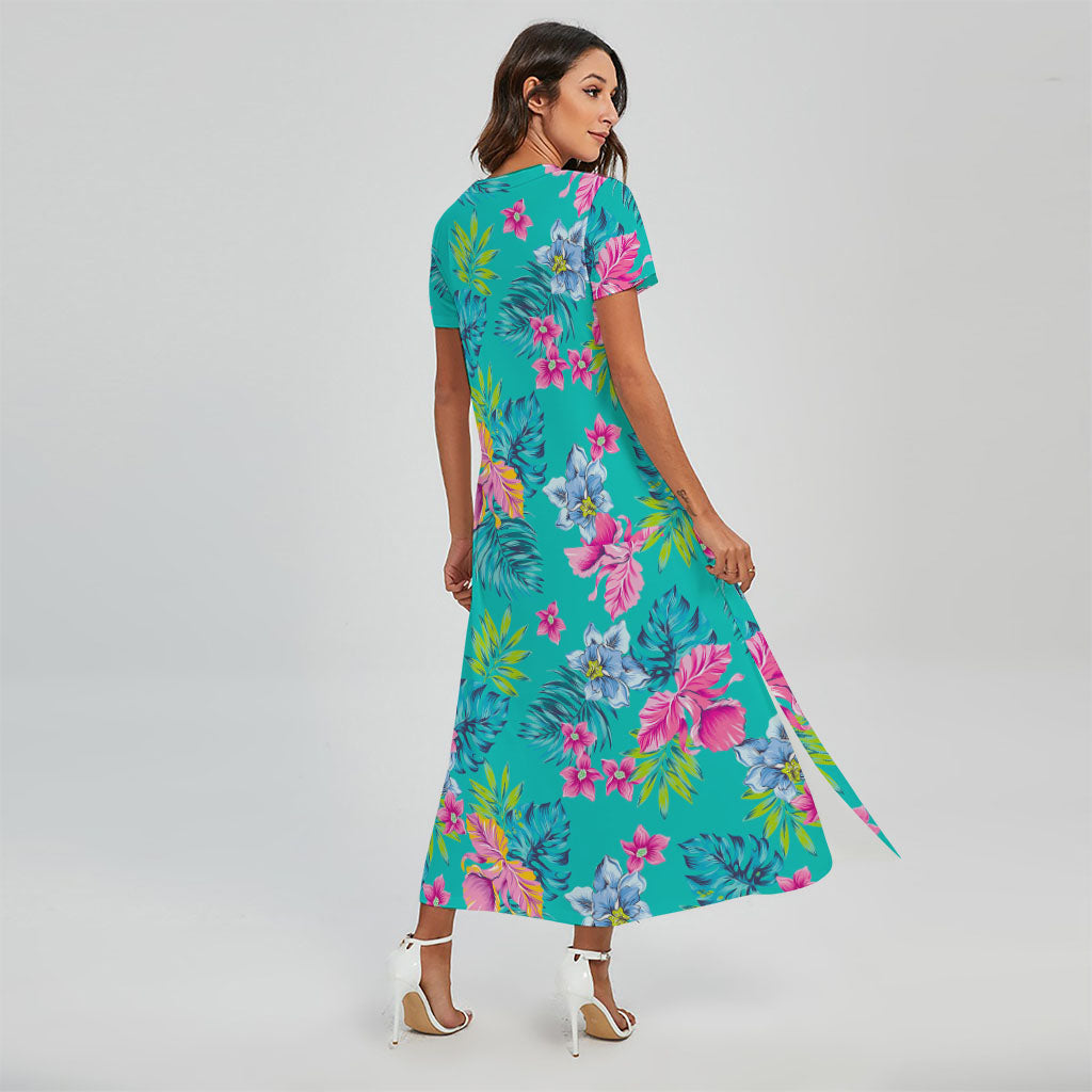 Teal Aloha Tropical Pattern Print Short Sleeve Maxi Dress