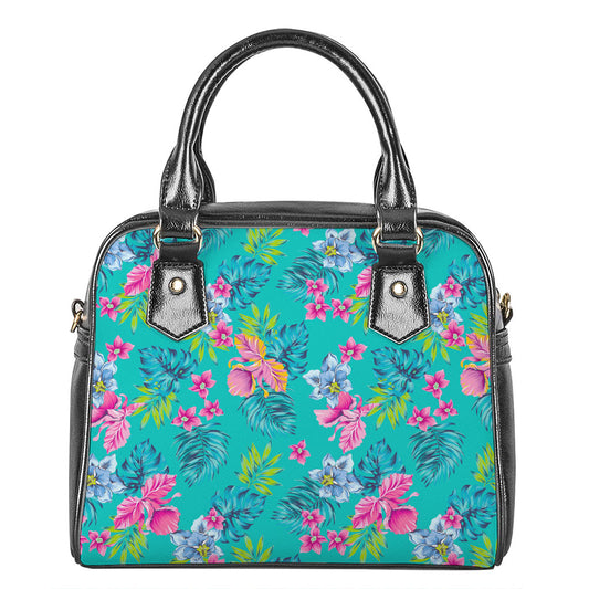 Teal Aloha Tropical Pattern Print Shoulder Handbag