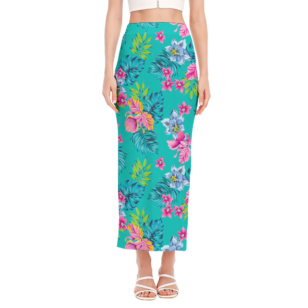 Teal Aloha Tropical Pattern Print Side Slit Maxi Skirt