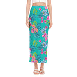 Teal Aloha Tropical Pattern Print Side Slit Maxi Skirt