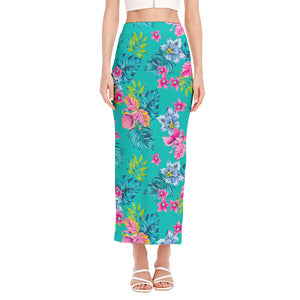 Teal Aloha Tropical Pattern Print Side Slit Maxi Skirt