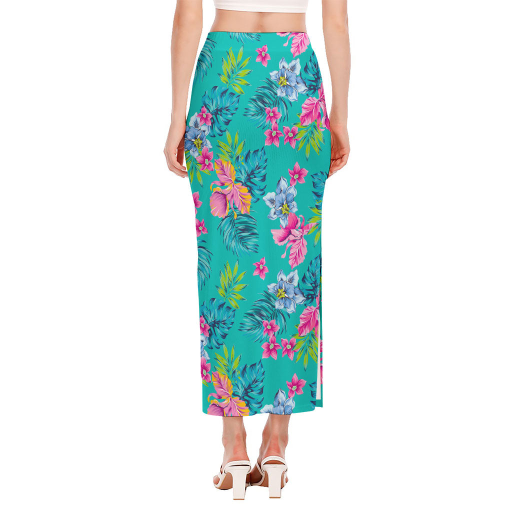 Teal Aloha Tropical Pattern Print Side Slit Maxi Skirt