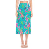 Teal Aloha Tropical Pattern Print Side Slit Midi Skirt