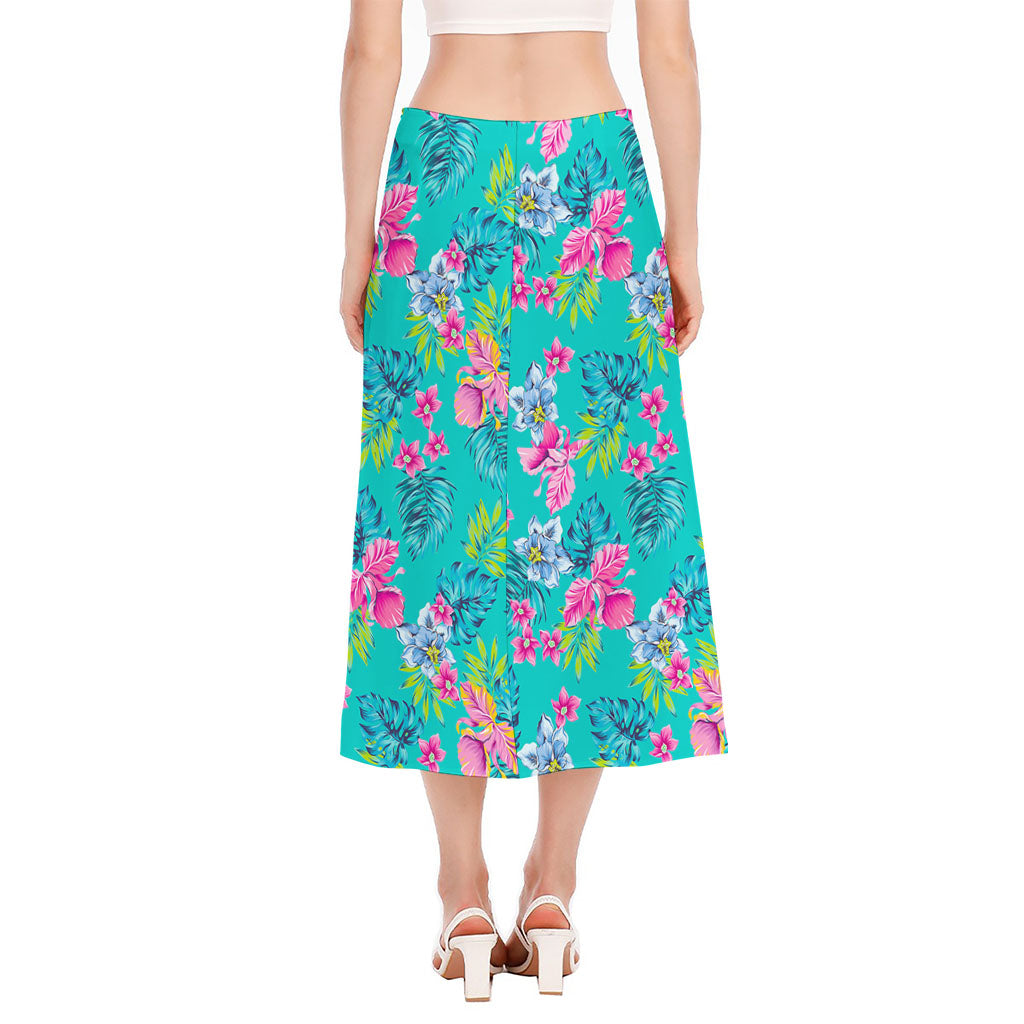 Teal Aloha Tropical Pattern Print Side Slit Midi Skirt