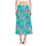 Teal Aloha Tropical Pattern Print Side Slit Midi Skirt