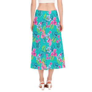 Teal Aloha Tropical Pattern Print Side Slit Midi Skirt