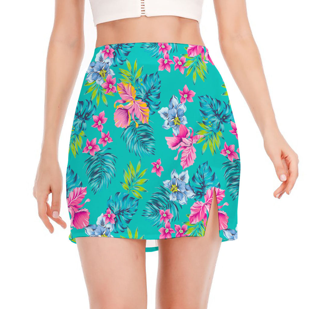 Teal Aloha Tropical Pattern Print Side Slit Mini Skirt