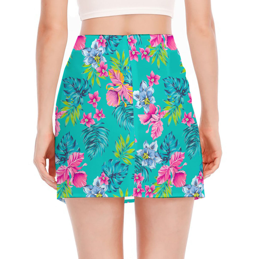 Teal Aloha Tropical Pattern Print Side Slit Mini Skirt