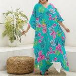 Teal Aloha Tropical Pattern Print Silk V-Neck Kaftan Dress