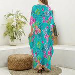 Teal Aloha Tropical Pattern Print Silk V-Neck Kaftan Dress