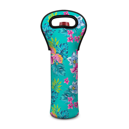 Teal Aloha Tropical Pattern Print Single Neoprene Wine Tote