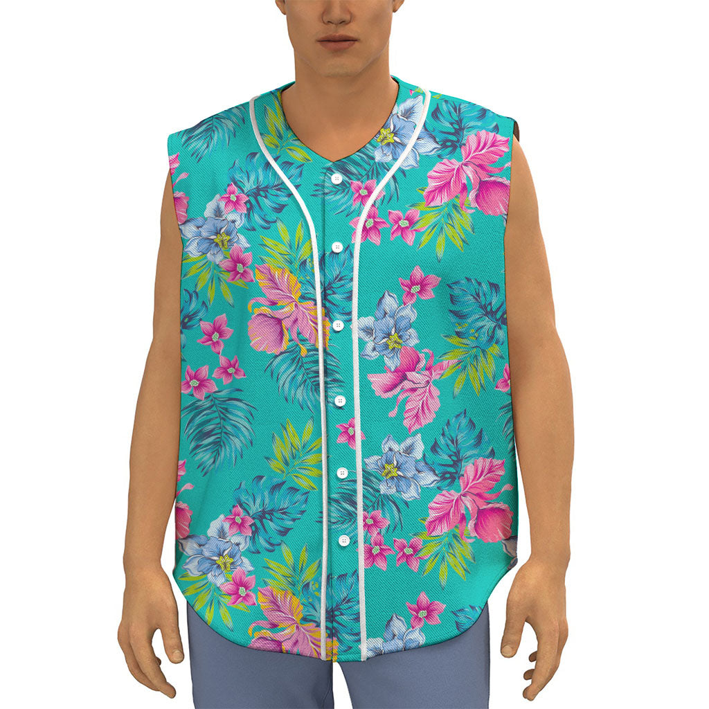 Teal Aloha Tropical Pattern Print Sleeveless Baseball Jersey