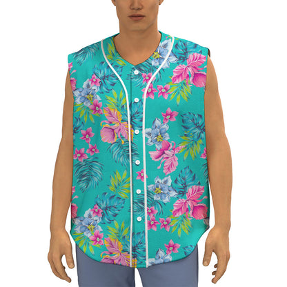 Teal Aloha Tropical Pattern Print Sleeveless Baseball Jersey