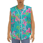 Teal Aloha Tropical Pattern Print Sleeveless Baseball Jersey