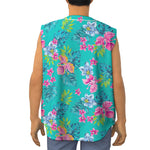Teal Aloha Tropical Pattern Print Sleeveless Baseball Jersey