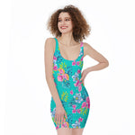 Teal Aloha Tropical Pattern Print Sleeveless Bodycon Dress