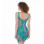 Teal Aloha Tropical Pattern Print Sleeveless Bodycon Dress