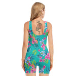 Teal Aloha Tropical Pattern Print Sleeveless One Piece Swimsuit