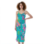 Teal Aloha Tropical Pattern Print Slim Fit Midi Cami Dress