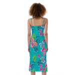 Teal Aloha Tropical Pattern Print Slim Fit Midi Cami Dress