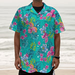 Teal Aloha Tropical Pattern Print Textured Short Sleeve Shirt