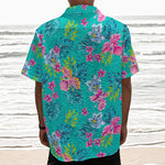 Teal Aloha Tropical Pattern Print Textured Short Sleeve Shirt
