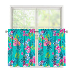 Teal Aloha Tropical Pattern Print Tier Curtains