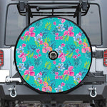 Teal Aloha Tropical Pattern Print Tire Cover With Camera Hole