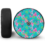 Teal Aloha Tropical Pattern Print Tire Cover With Camera Hole