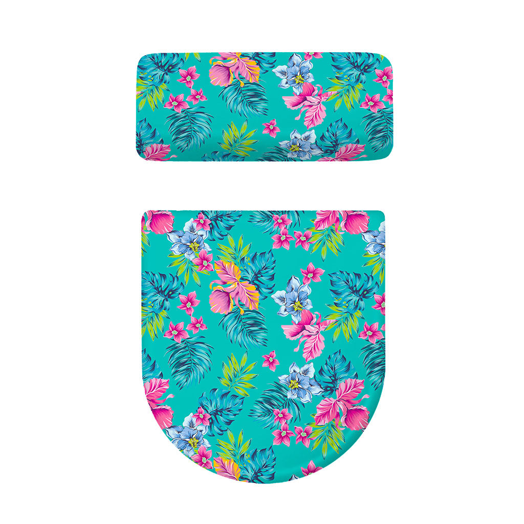 Teal Aloha Tropical Pattern Print Toilet Lid And Tank Cover Set