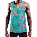 Teal Aloha Tropical Pattern Print Men's Workout Tank Top